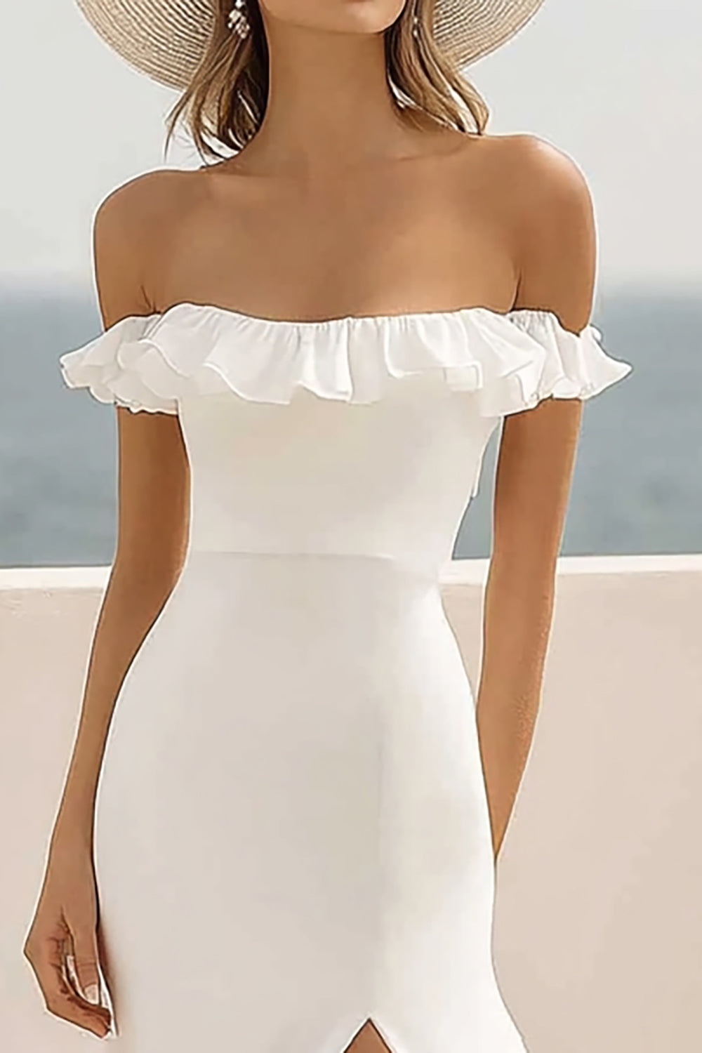White Mermaid Chiffon Square Neck Long Engagement Dress with Slit