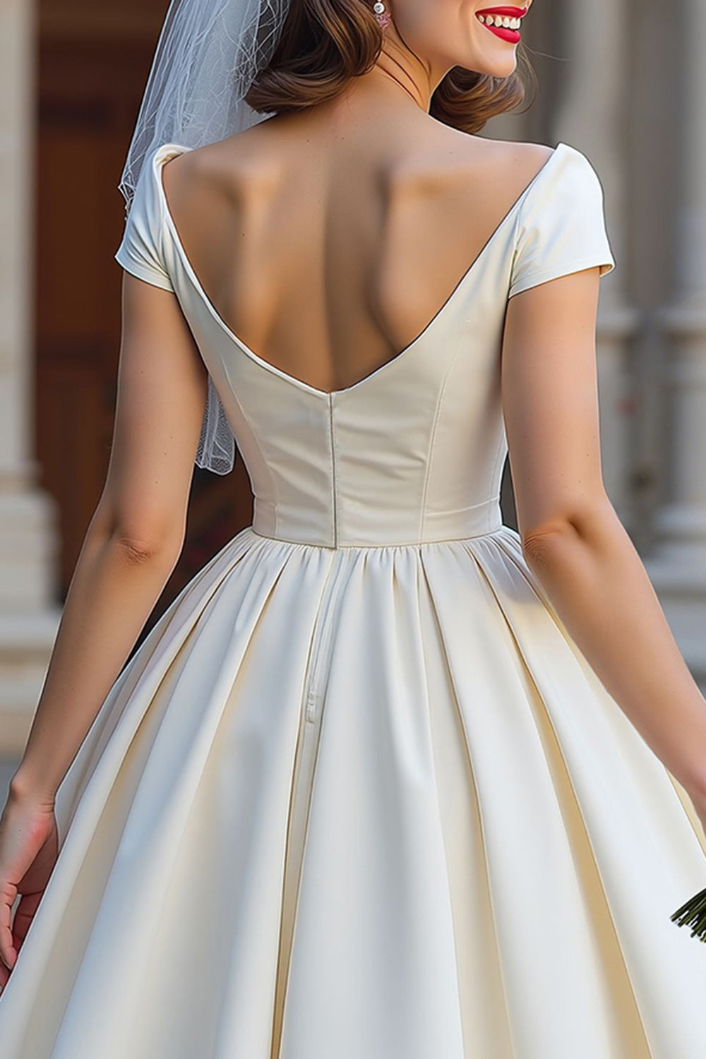 Ivory A Line Backless Off the Shoulder Midi Wedding Dress with Bow