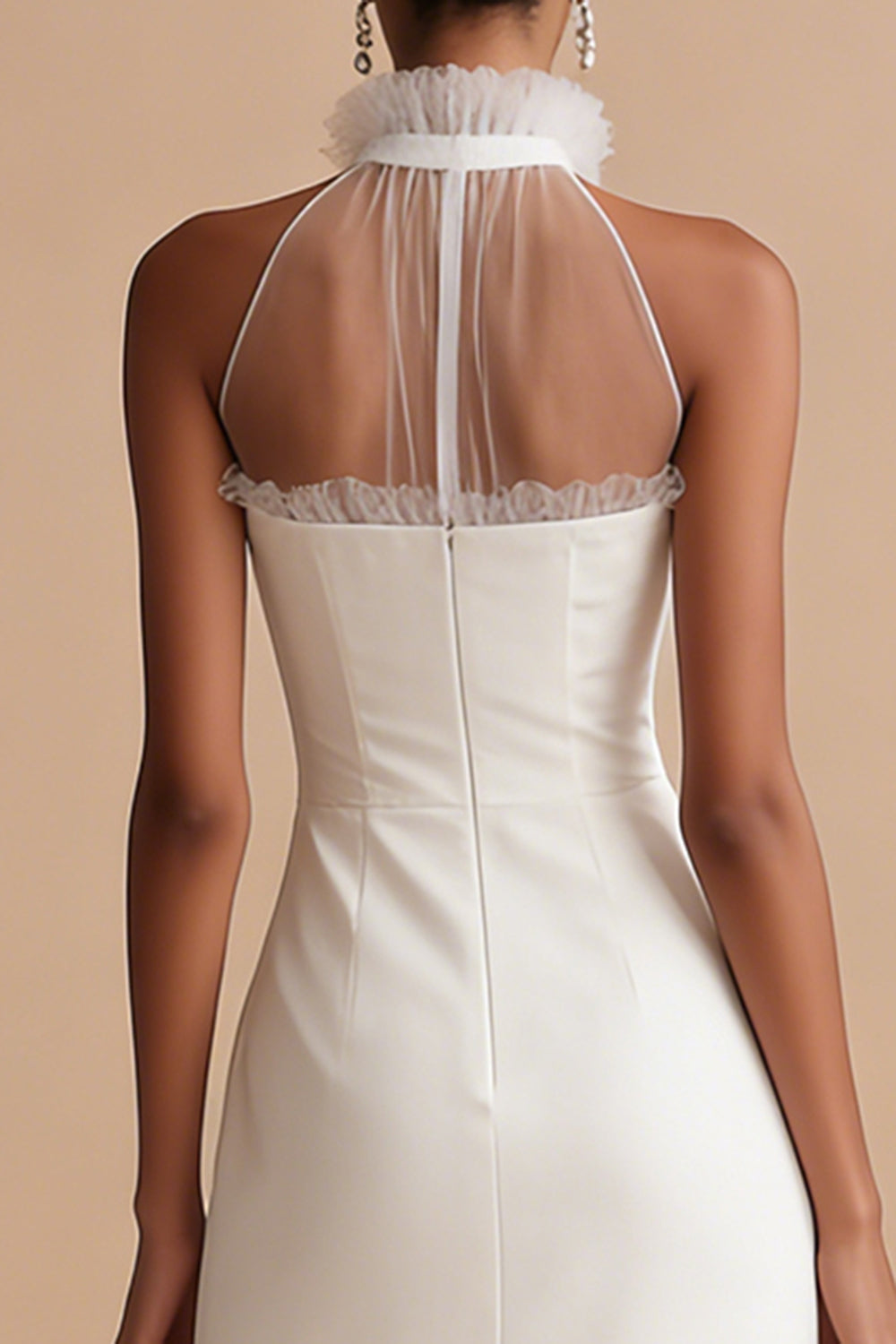 White Sheath Round Neck Ruffled Maxi Engagement Dress