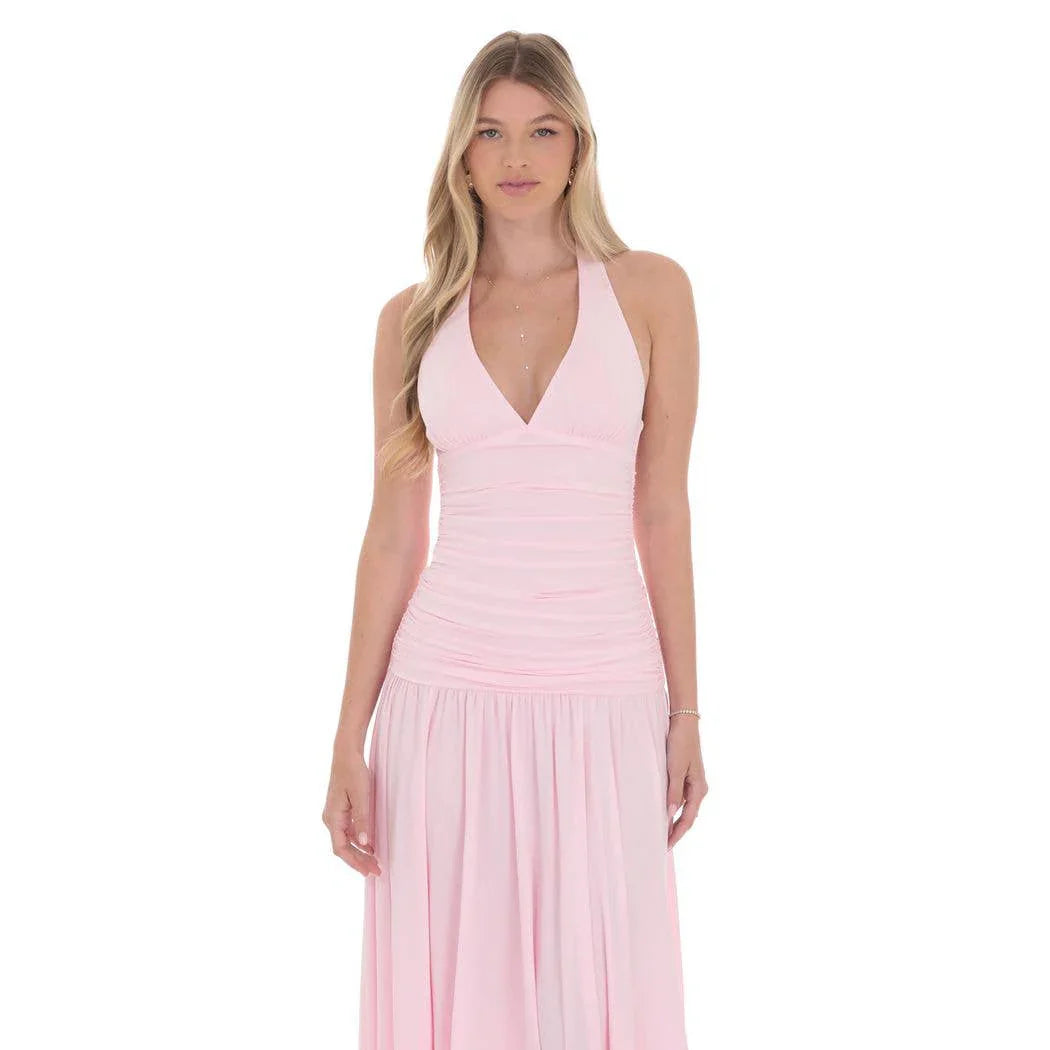 Halter Drop Waist Maxi Dress in Pink