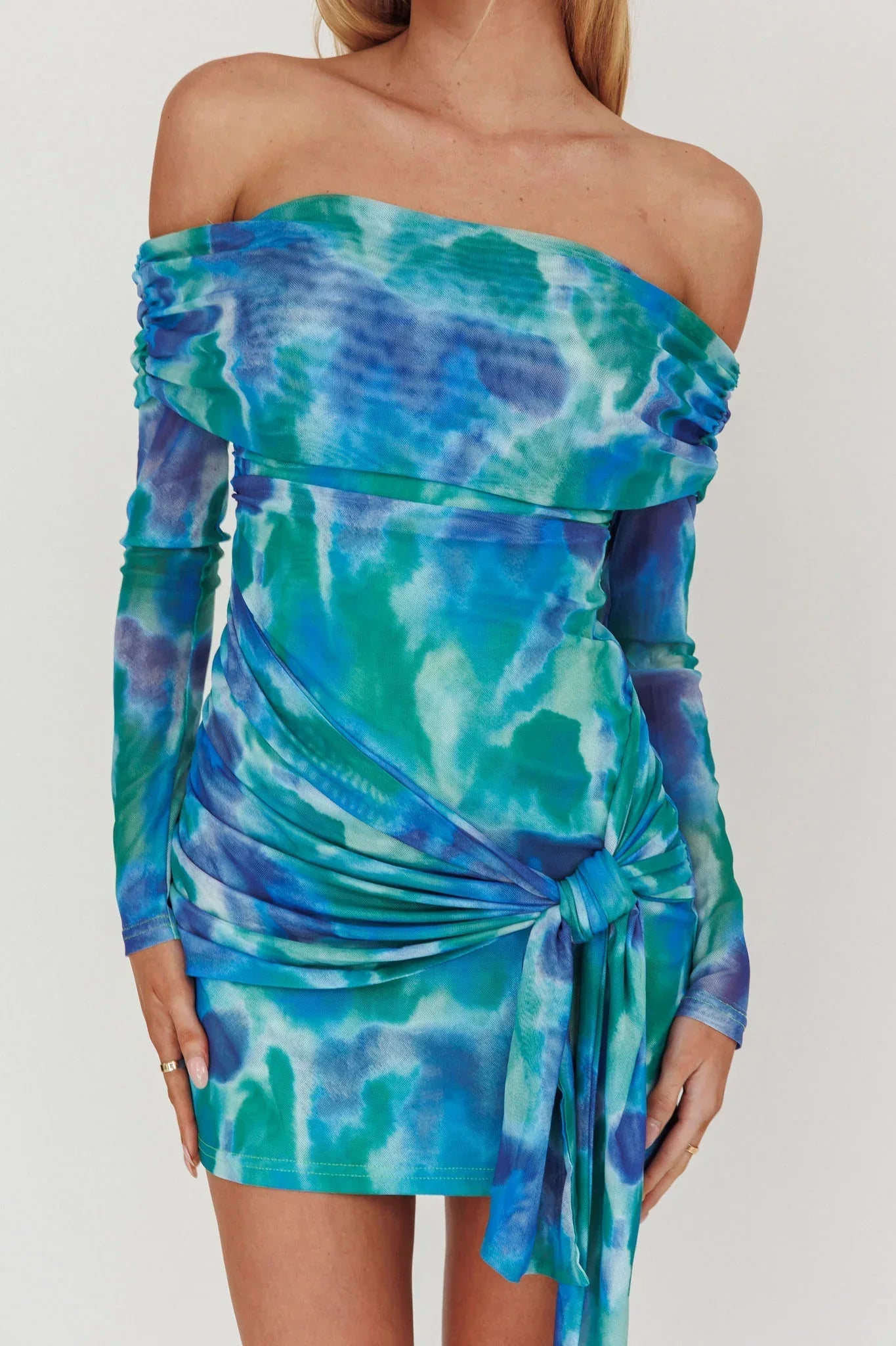 Dangerous Off-Shoulder Waist Tie Mesh Mini Dress Print Blue