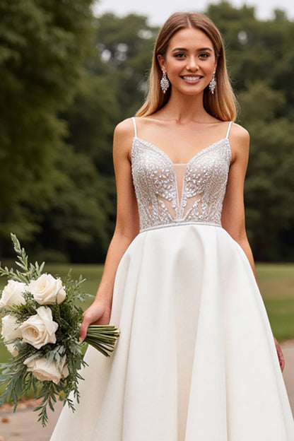 Ivory Satin Sweep Train A Line V Neck Wedding Dress with Lace