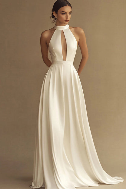 White A Line Satin Long Keyhole Rehearsal Dinner Dress