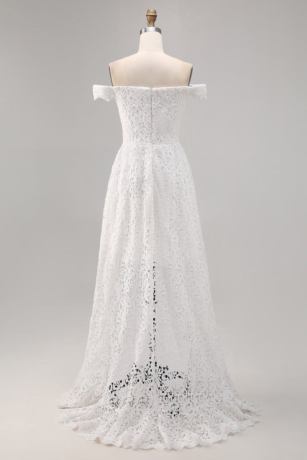 White Lace A Line Off The Shoulder High-Low Boho Maxi Dress with Ruffles