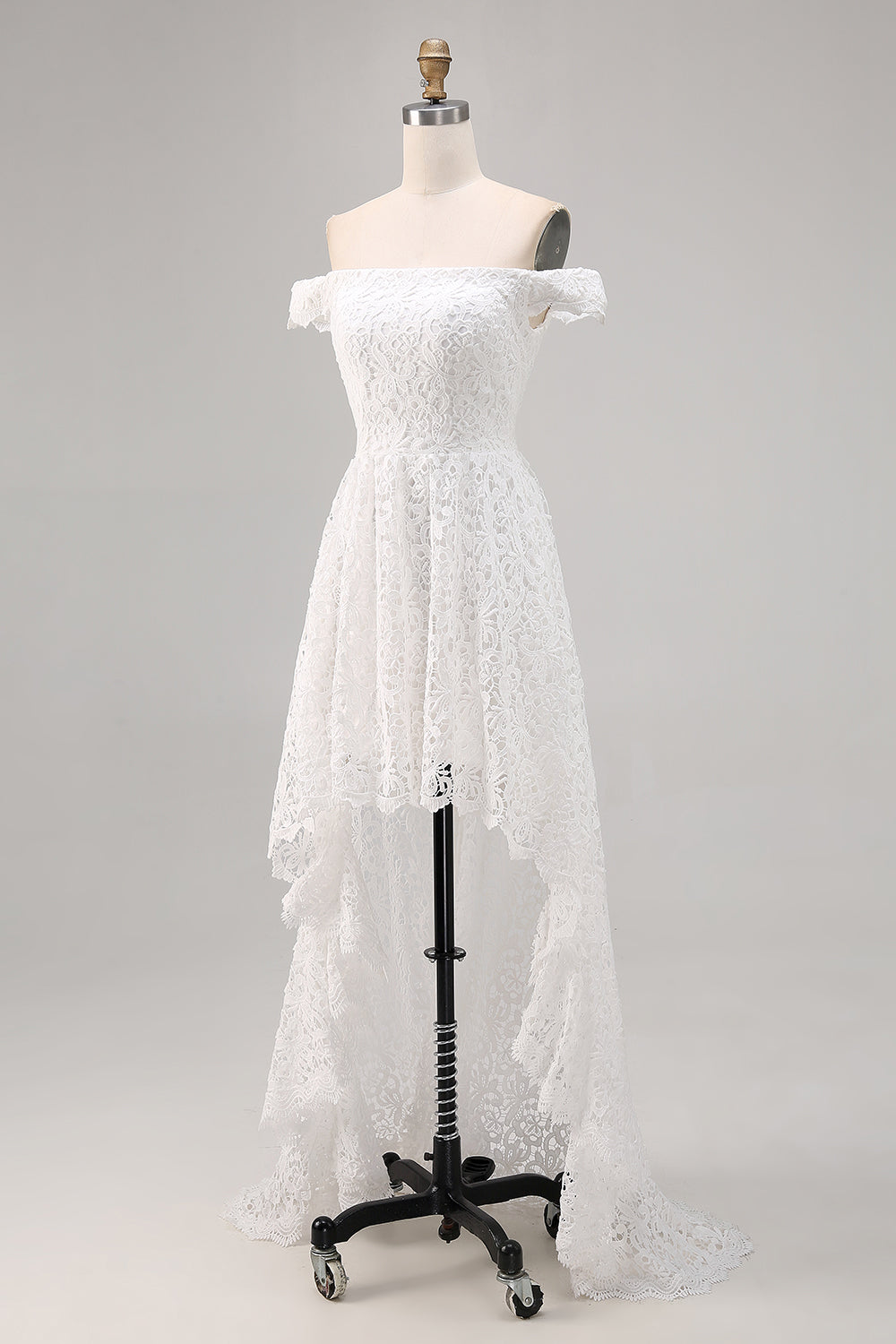 White Off The Shoulder Lace A Line High-Low Boho Maxi Dress