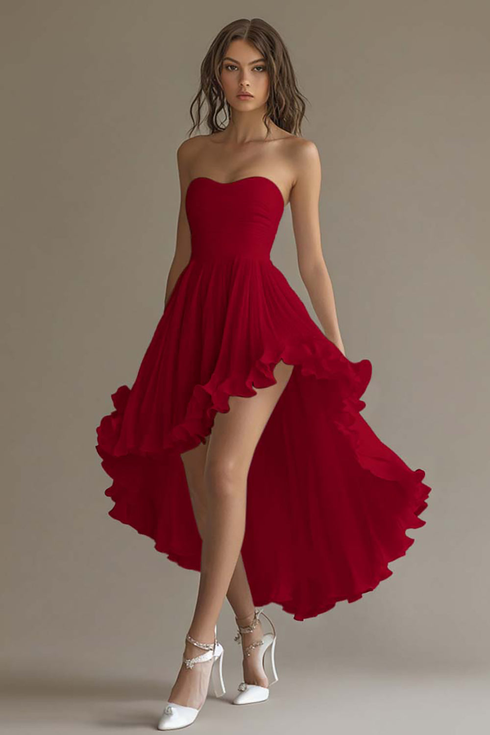 White Chiffon A Line High-Low Engagement Dress with Ruffles