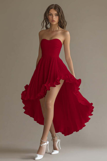 White Chiffon A Line High-Low Engagement Dress with Ruffles