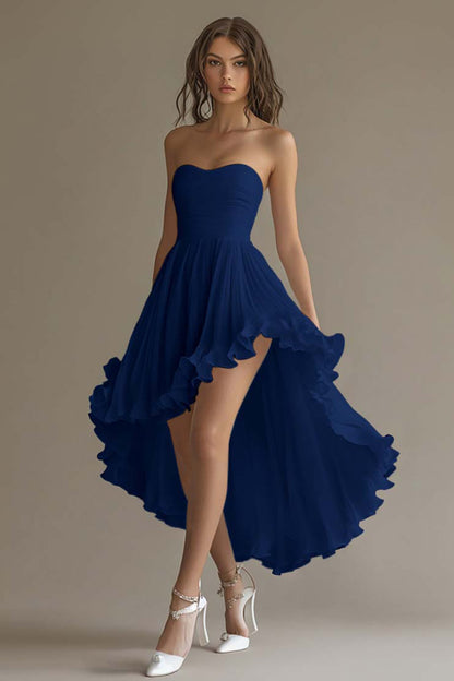 White Chiffon A Line High-Low Engagement Dress with Ruffles