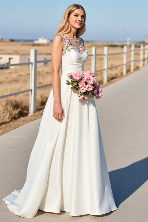 White Satin A Line Boho Sweep Train Wedding Dress with Flowers