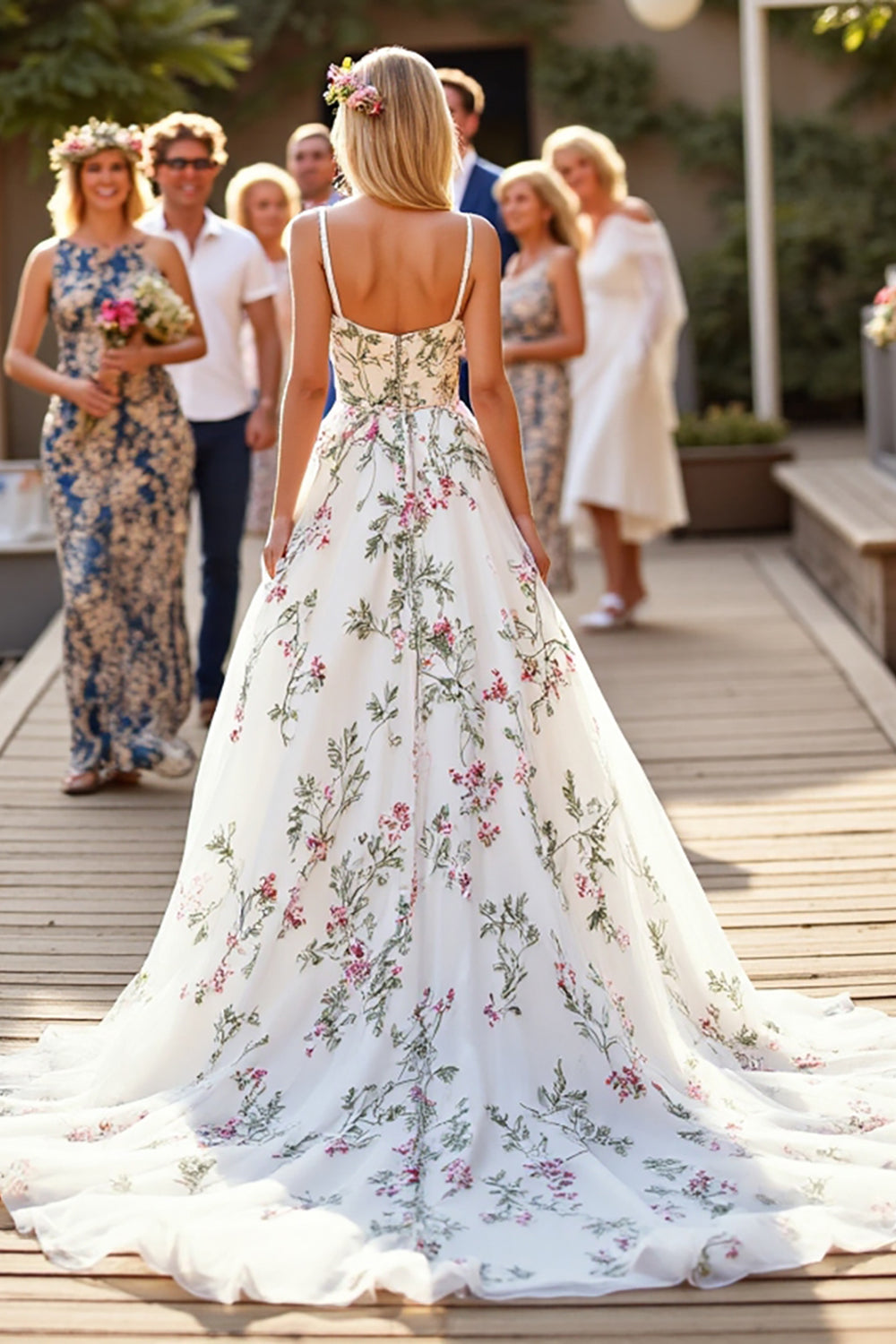 White Organza Floral Ball Gown Sweep Train Wedding Dress