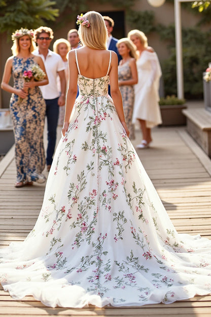 White Organza Floral Ball Gown Sweep Train Wedding Dress