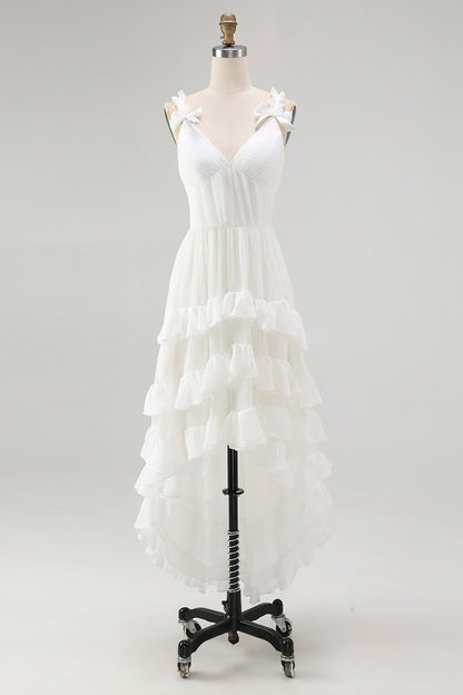Ivory Tiered Ruffled A Line V-Neck High-Low Western Wedding Dress