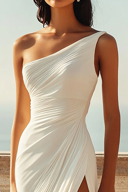 Ivory Ruched One Shoulder Maxi Chiffon Rehearsal Dinner Dress with Slit