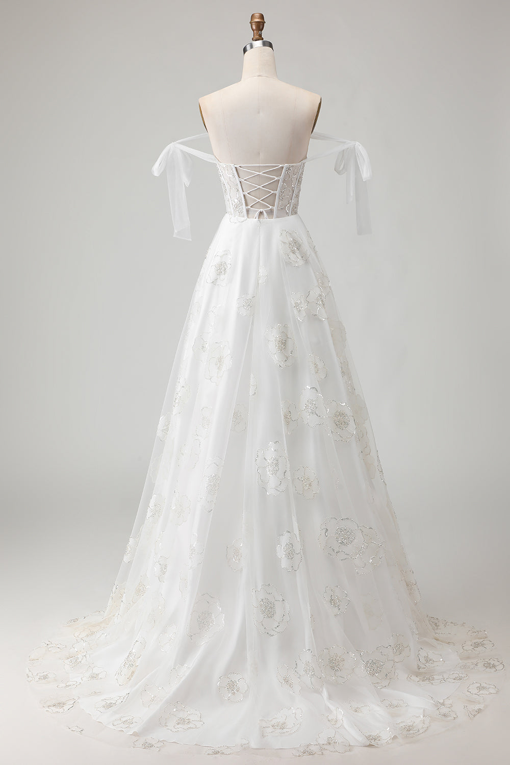 Sparkly White Floral A Line Long Corset Wedding Dress with Beading