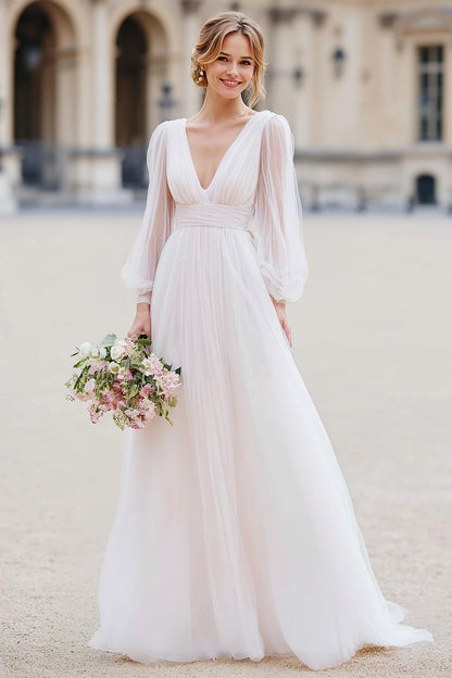 White Tulle A Line V-Neck Floor-Length Wedding Dress with Sleeves