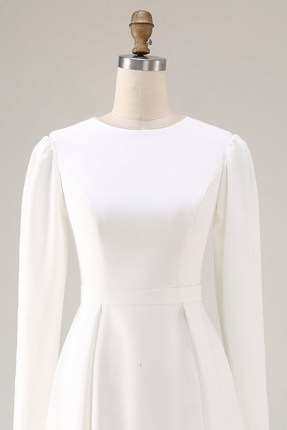 Ivory Satin A Line Round Neck Short Wedding Dress with Sleeves
