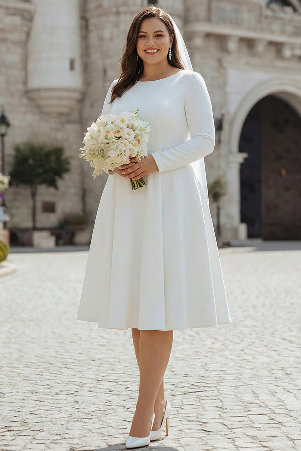 Plus Size Ivory Satin Short A Line Wedding Dress with Sleeves