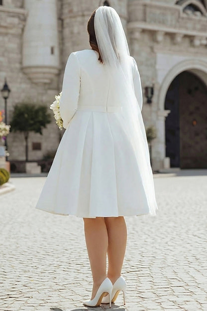 Plus Size Ivory Satin Short A Line Wedding Dress with Sleeves