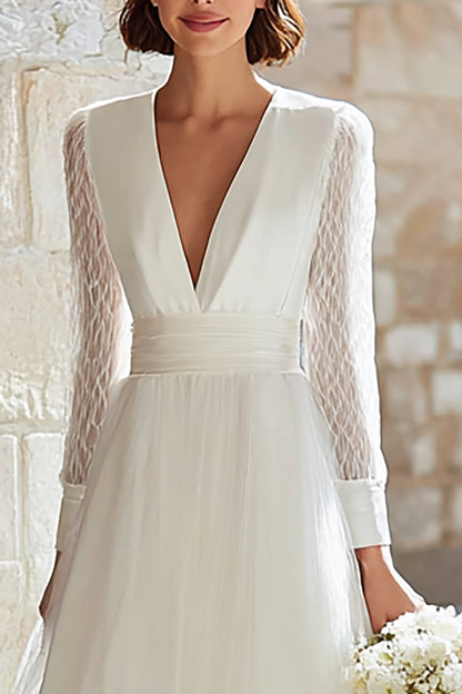 Ivory V-Neck Tulle Long Sleeves A-Line Floor Length Wedding Dress