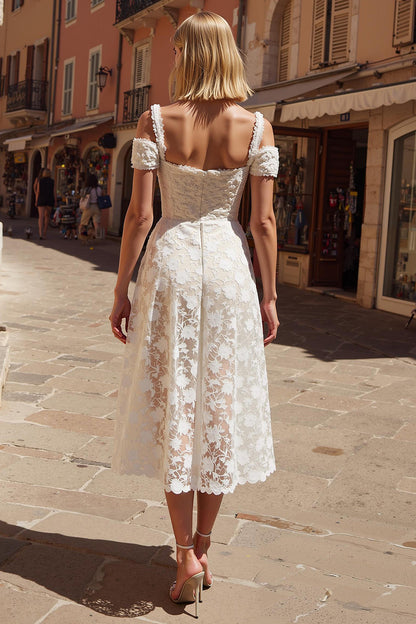 White Cold Shoulder Lace A Line Midi Engagement Dress