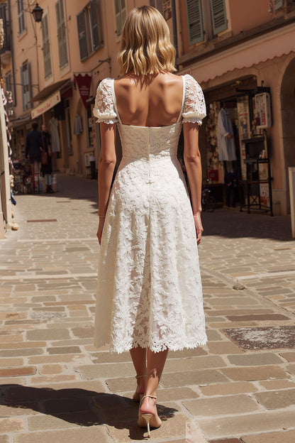 Ivory Lace Square Neck Midi Engagement Dress with Sleeves