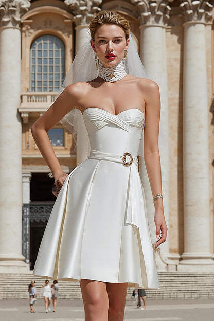 White A Line Sweetheart Short Wedding Dress with Belt