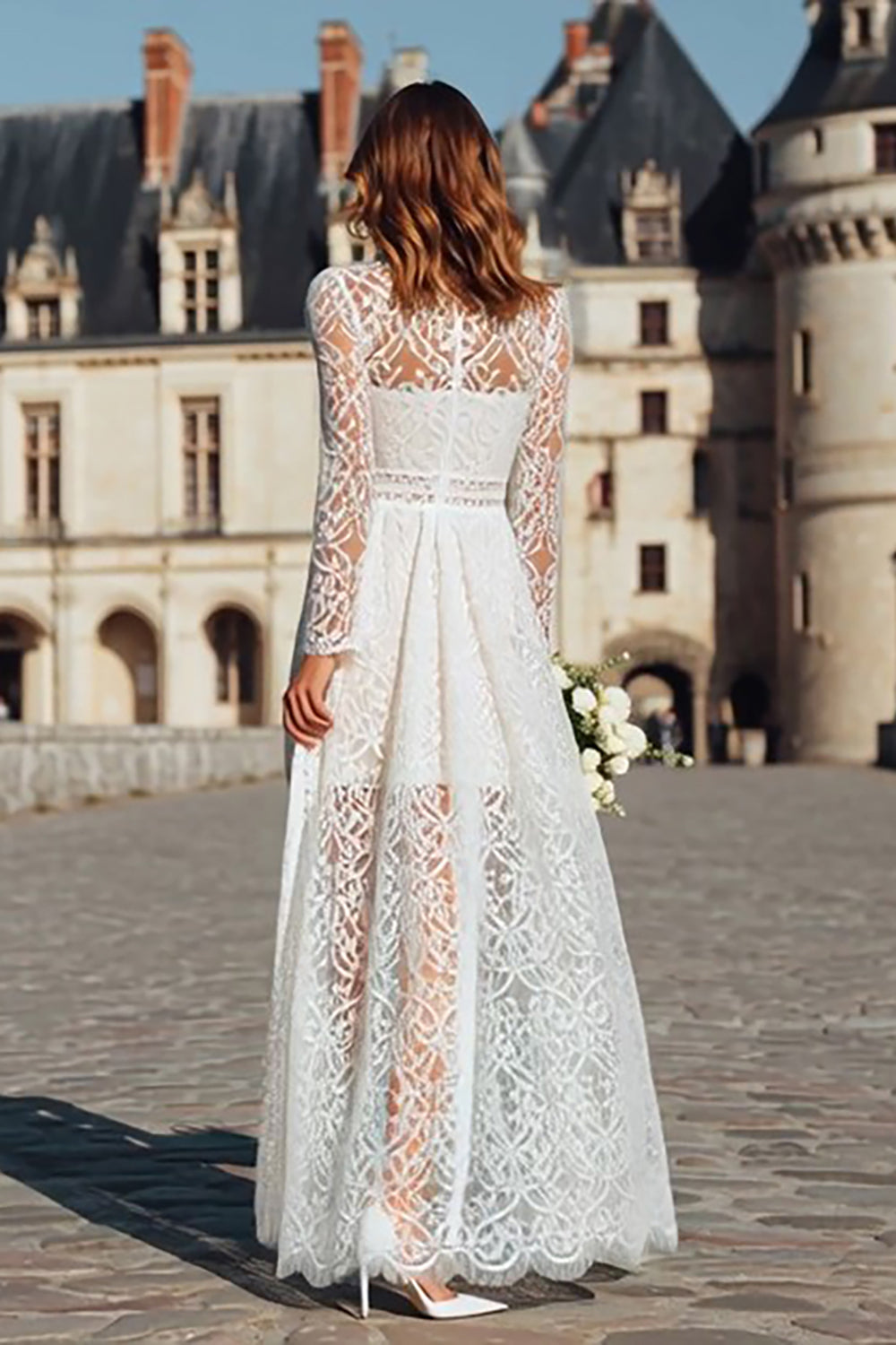 Ivory Sheath High Neck Long Boho Wedding Dress with Sleeves
