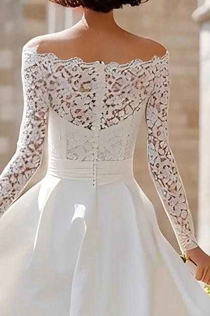Ivory Off the Shoulder High Low Boho Wedding Dress with Lace