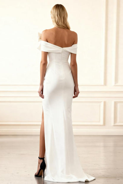 White Satin Mermaid Off The Shoulder Long Prom Dress with Bow