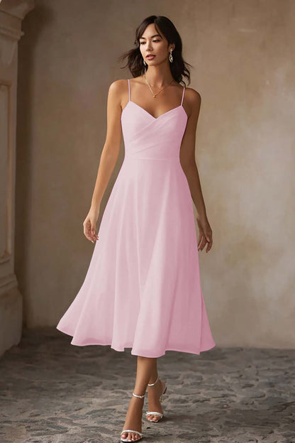 White Chiffon A Line Spaghetti Straps Midi Engagement Dress