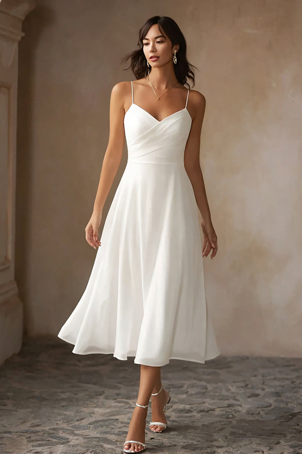 White Chiffon A Line Spaghetti Straps Midi Engagement Dress