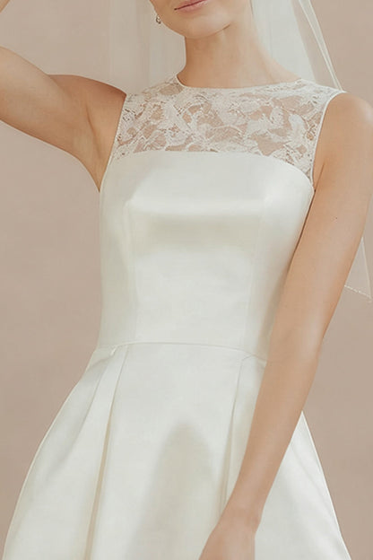 White A Line Satin Round Neck Short Wedding Dress with Lace