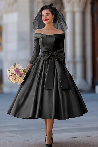 Ivory A Line Off the Shoulder Midi Wedding Dress with Bow