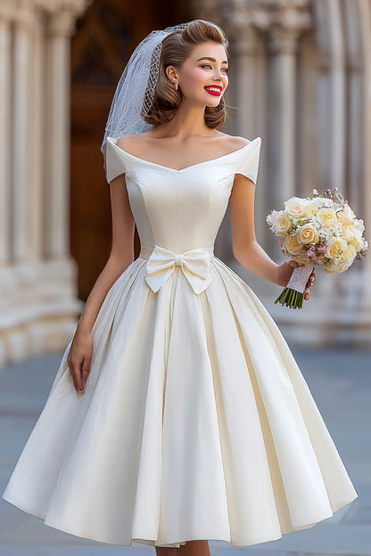 Ivory A Line Backless Off the Shoulder Midi Wedding Dress with Bow