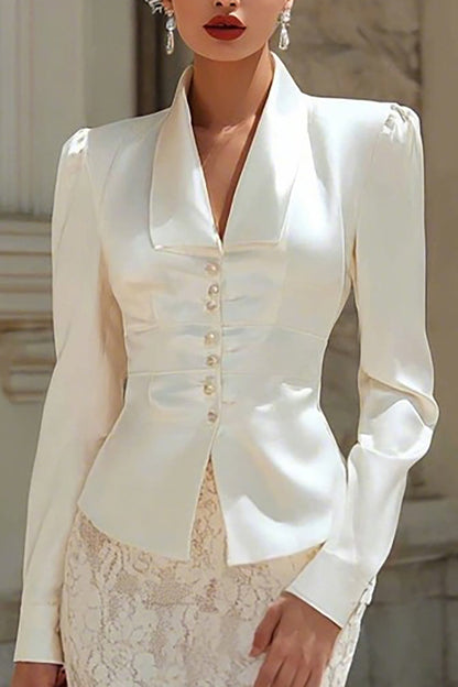 Ivory Satin 2 Piece Shawl Lapel Midi Wedding Outfits with Buttons