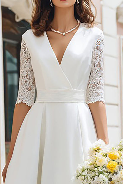 Ivory A Line V-Neck Midi Wedding Dress with Sleeves