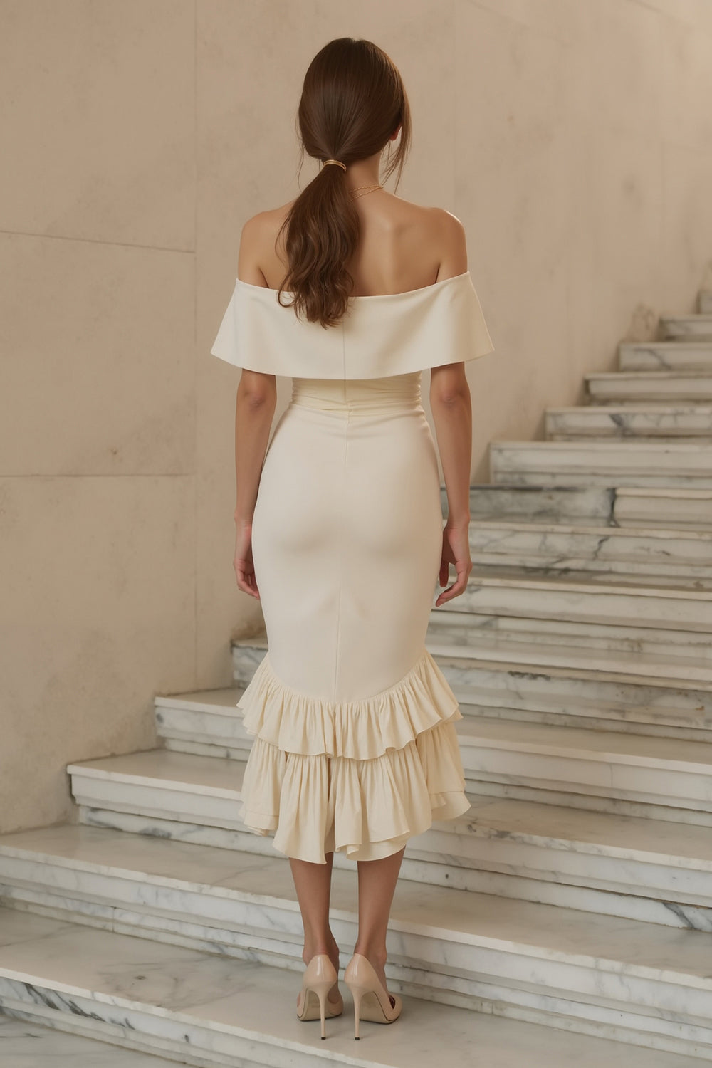 Ivory Satin Mermaid Tiered Ruffled Midi Engagement Dress