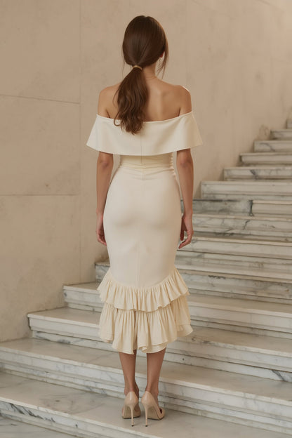 Ivory Satin Mermaid Tiered Ruffled Midi Engagement Dress
