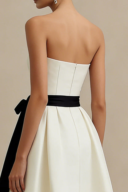 Ivory A Line Strapless Satin Long Engagement Dress with Bow