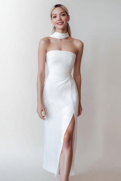 Simple White Neck Scarf Long Wedding Reception Dress with Slit