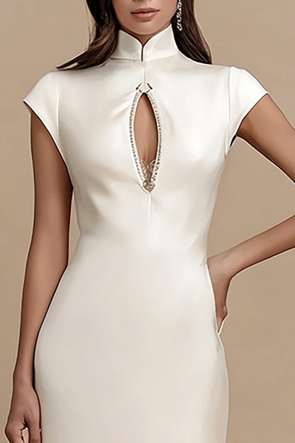 Ivory Sheath Cap Sleeves Satin Midi Engagement Dress