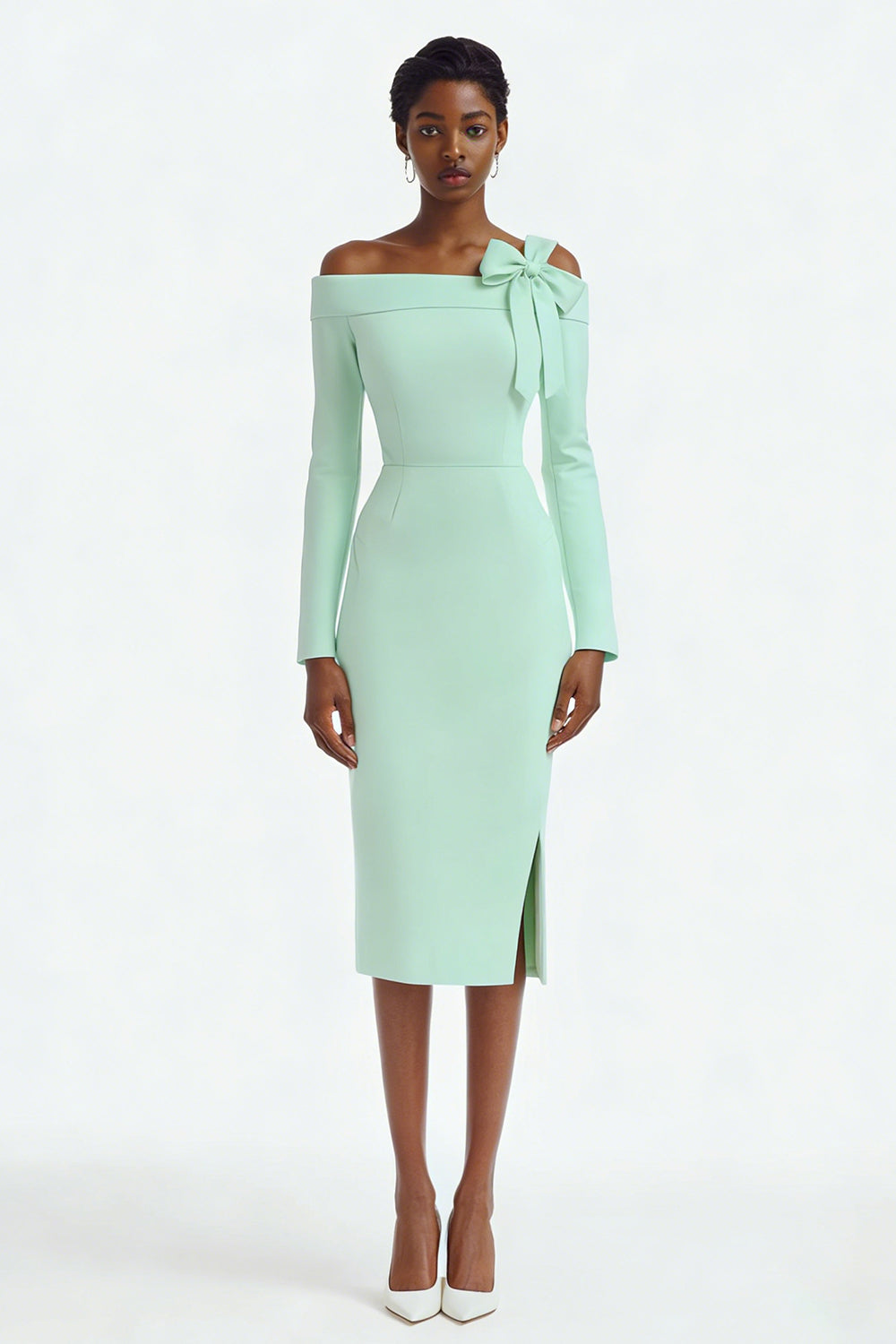 Ivory Bodycon Off the Shoulder Midi Engagement Dress with Slit