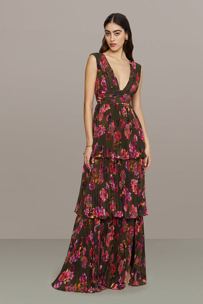 Fluer Deep V Pleated Gown