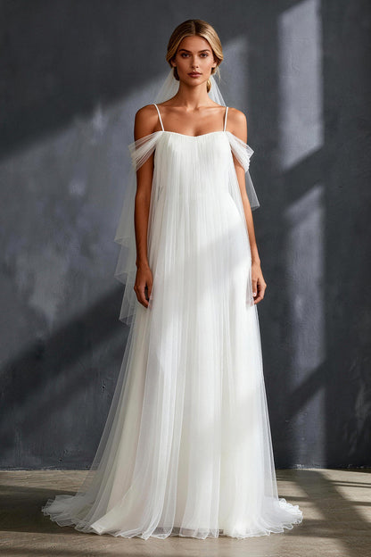 White Tulle Pleated Cold Shoulder A Line Sweep Train Wedding Dress