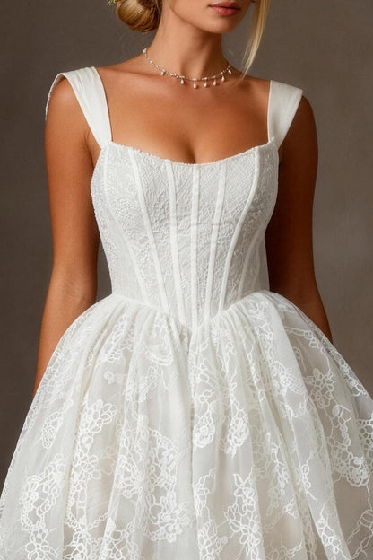 White Lace Corset A Line Thick Straps Short Wedding Dress