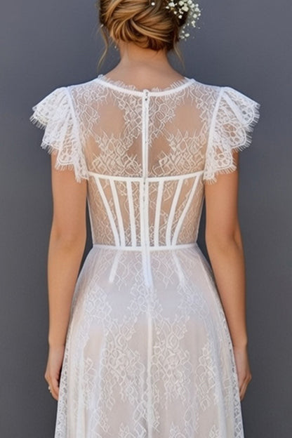 White Round Neck A Line Corset Maxi Boho Wedding Dress with Ruffles