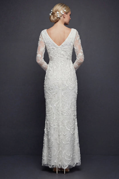 Sparkly White V-Neck Beaded Appliqued Maxi Mermaid Floral Boho Wedding Dress