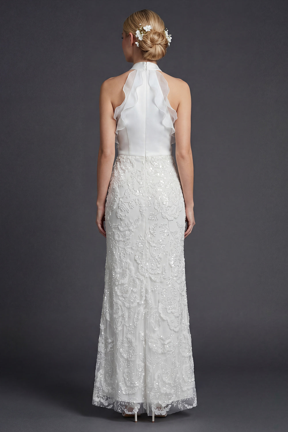 Sparkly White Halter Sheath Appliqued Ruffled Boho Wedding Dress