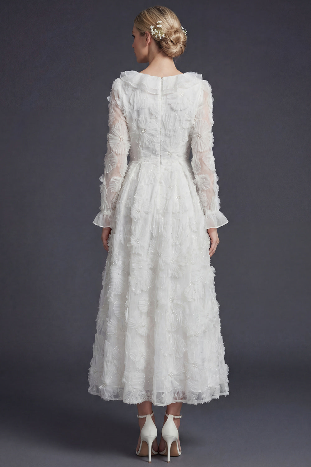 Sparkly White Ruffled Beaded Floral Maxi Appliqued Boho Wedding Dress