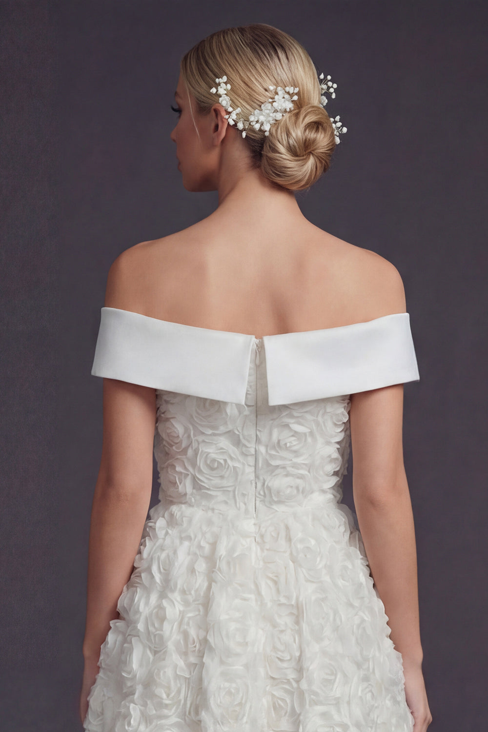 White Off the Shouler Maxi A Line Boho Wedding Dress with 3D Flowers